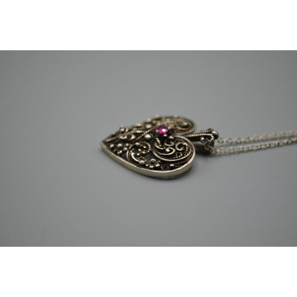 Sterling Silver Heart Pendant w Ruby Stone FM 83 Franklin Mint Filigree 925 - Picture 7 of 11